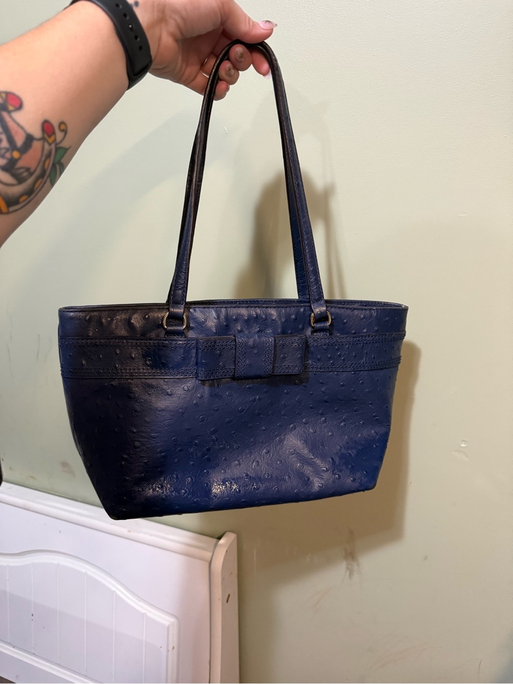Kate Spade Harmony Valencia Road Navy Ostrich Embossed Leather Bow Tote
